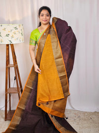 Jute Banarasi Saree - Brown with Mustard Yellow