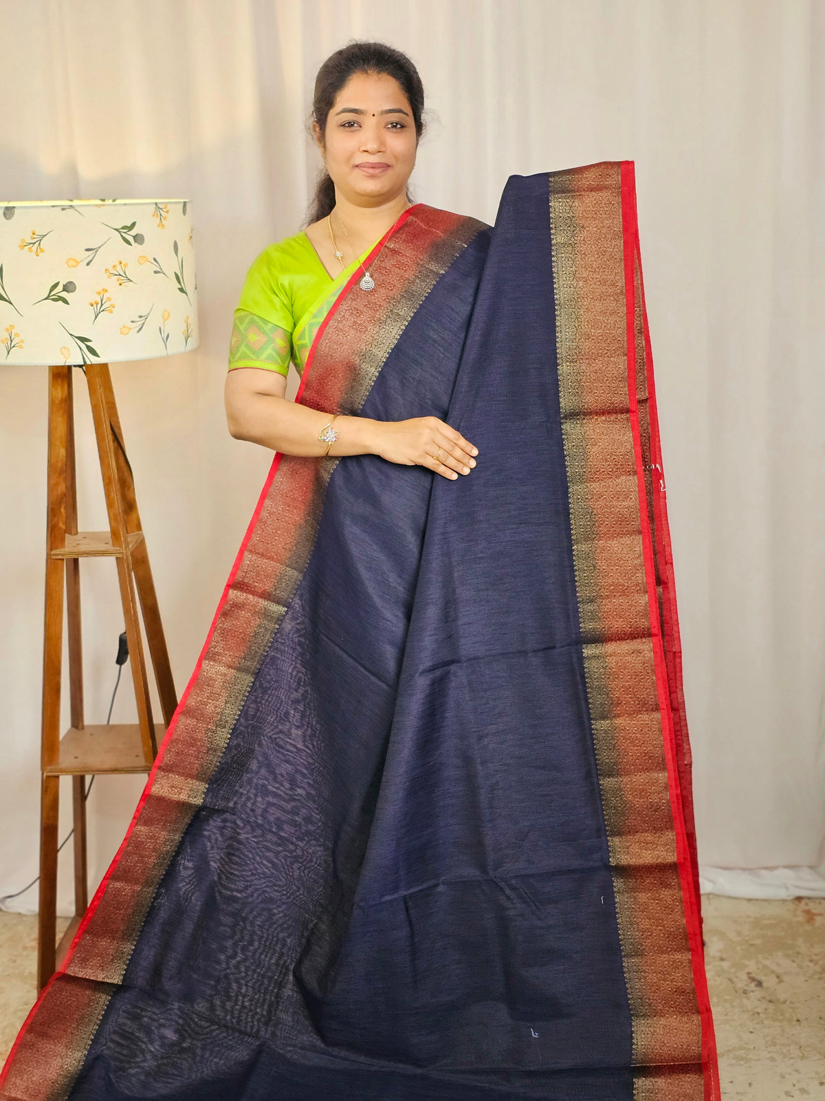 Jute Banarasi Saree - Blue with Red