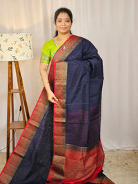 Jute Banarasi Saree - Blue with Red