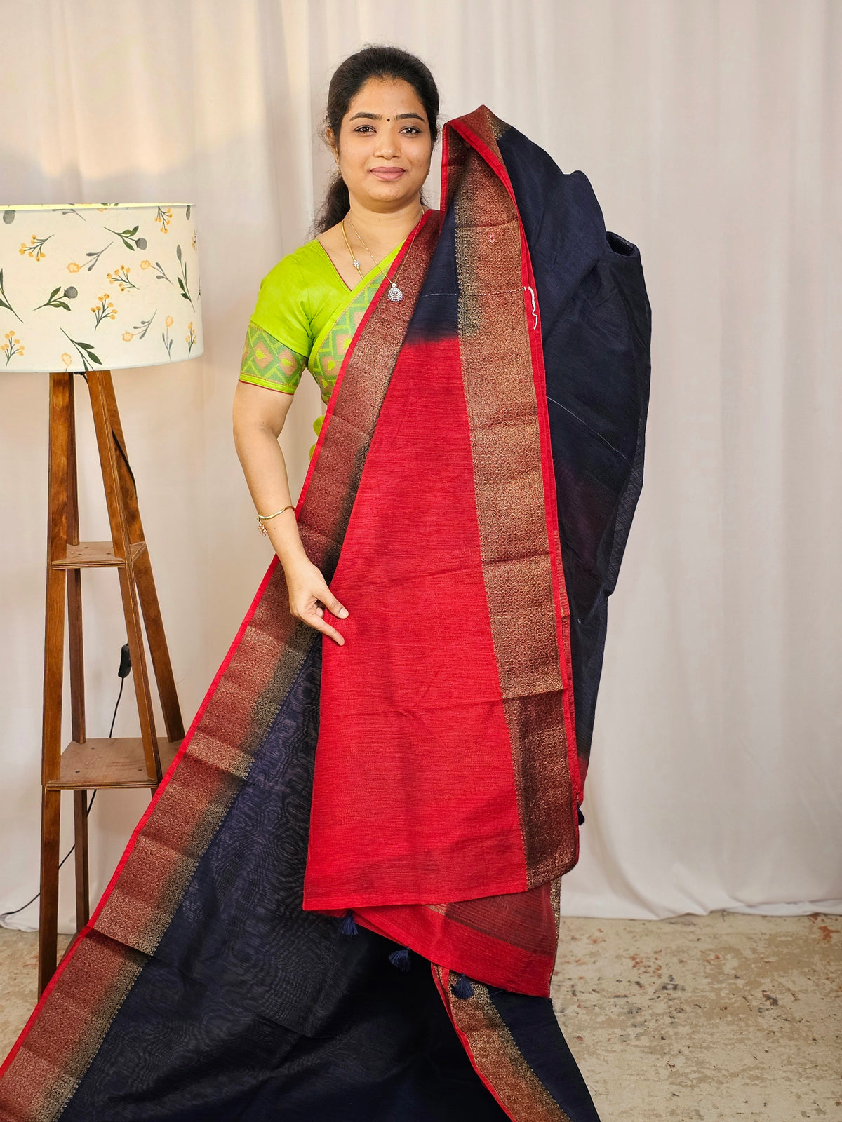 Jute Banarasi Saree - Blue with Red