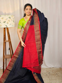 Jute Banarasi Saree - Blue with Red