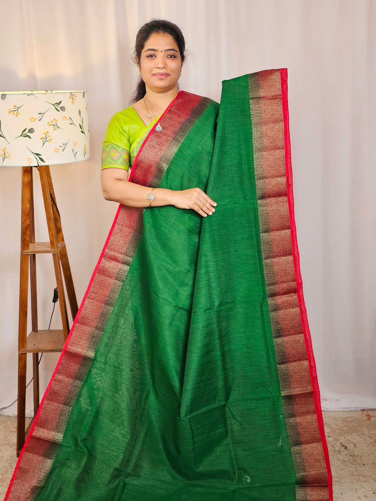 Jute Banarasi Saree - Green with Red