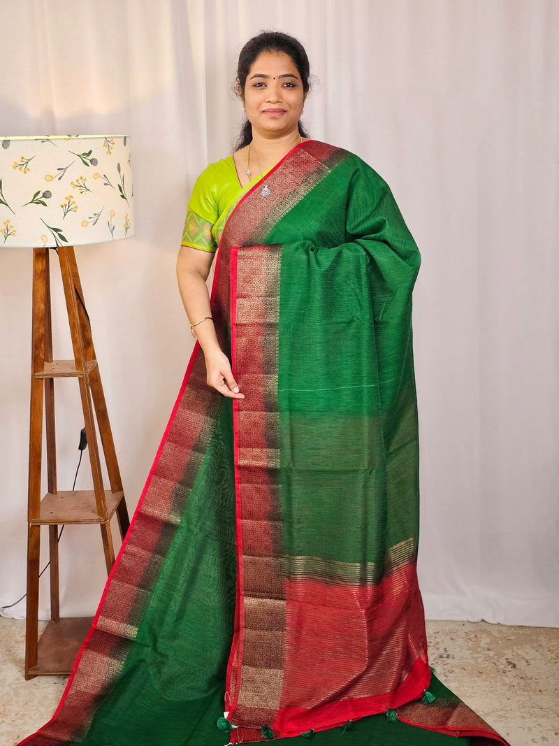 Jute Banarasi Saree - Green with Red