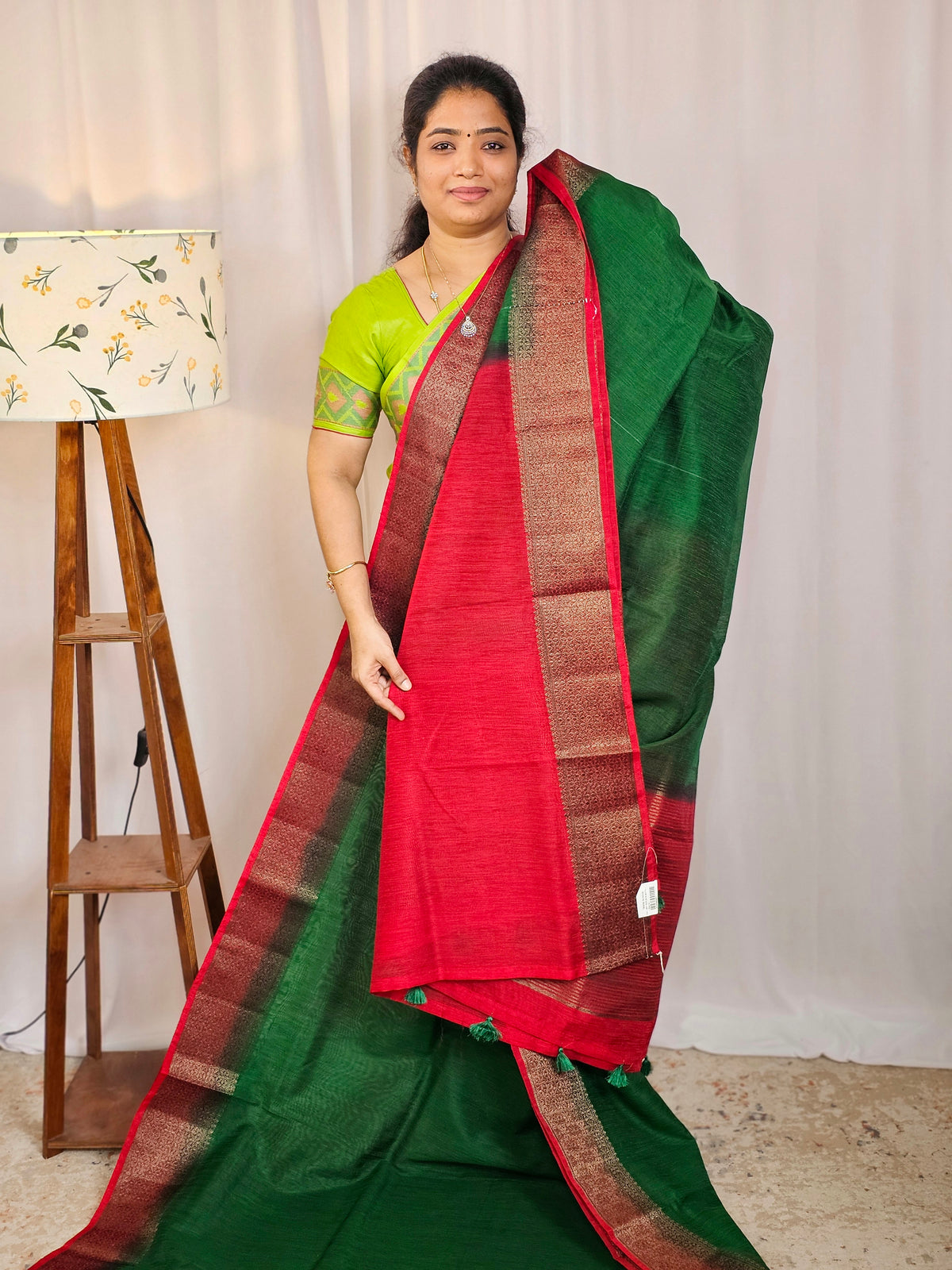 Jute Banarasi Saree - Green with Red