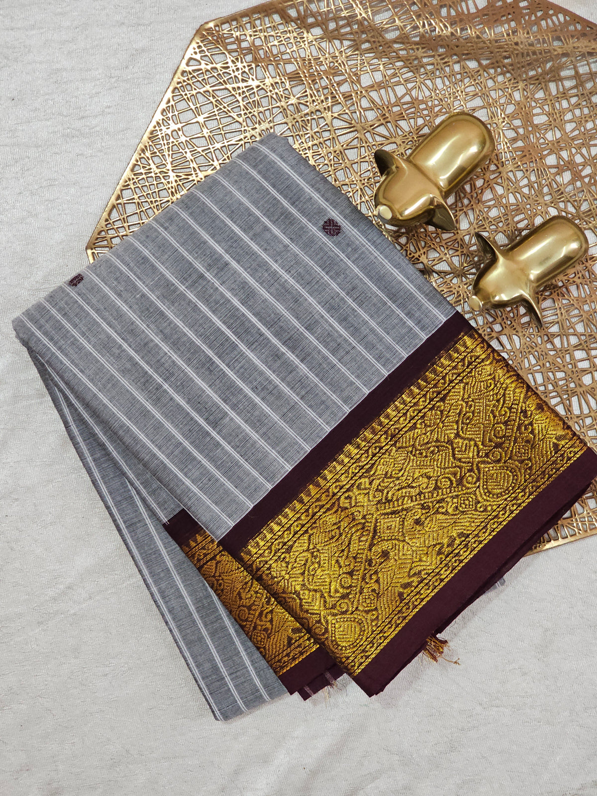 Kanchi Cotton Saree - Grey With Brown