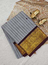 Kanchi Cotton Saree - Grey With Brown