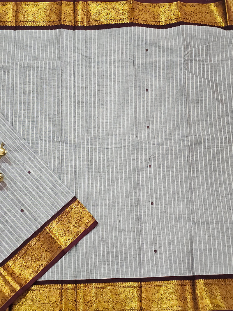 Kanchi Cotton Saree - Grey With Brown