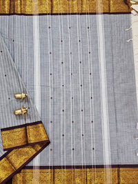 Kanchi Cotton Saree - Grey With Brown