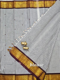 Kanchi Cotton Saree - Grey With Brown