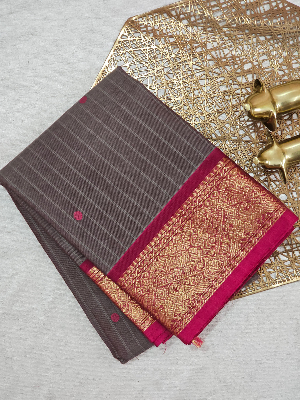 Kanchi Cotton Saree - Dark Grey with Pink