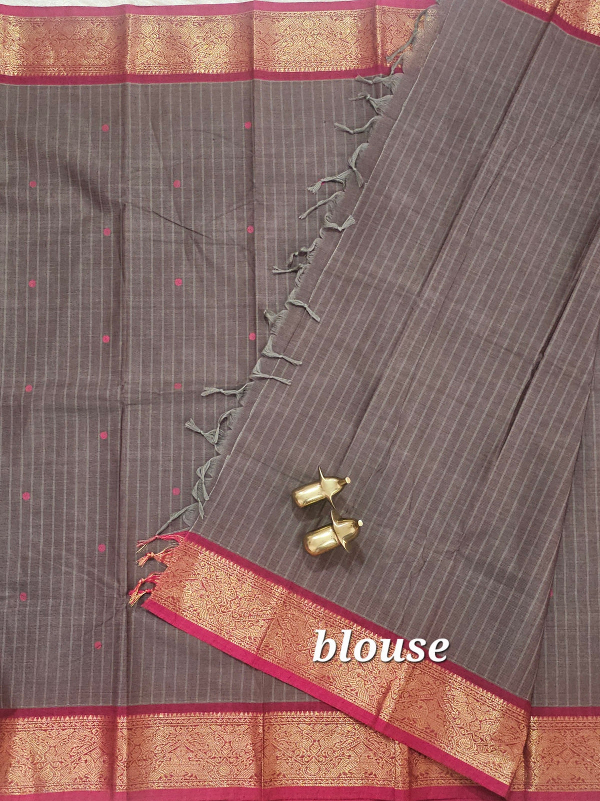 Kanchi Cotton Saree - Dark Grey with Pink
