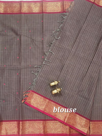 Kanchi Cotton Saree - Dark Grey with Pink