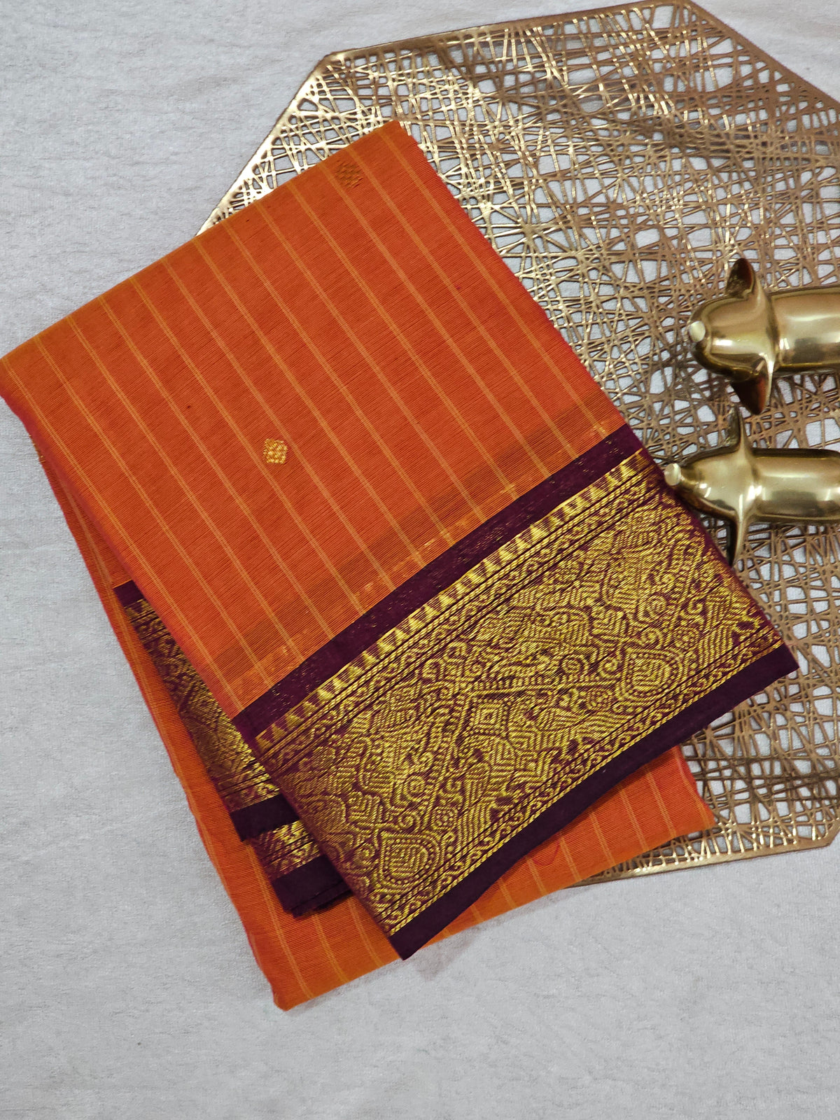 Kanchi Cotton Saree - Dark Orange with Maroon