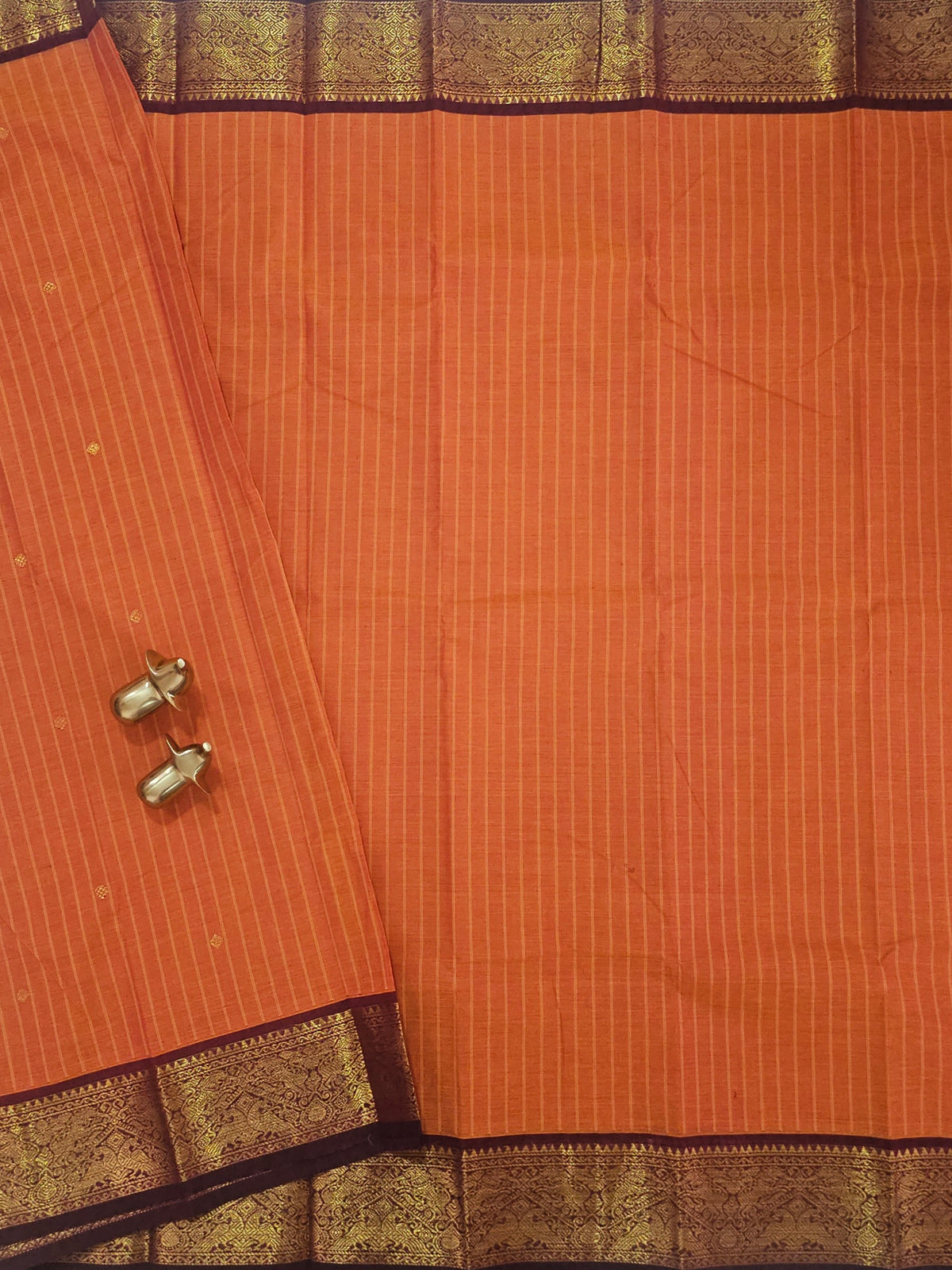 Kanchi Cotton Saree - Dark Orange with Maroon