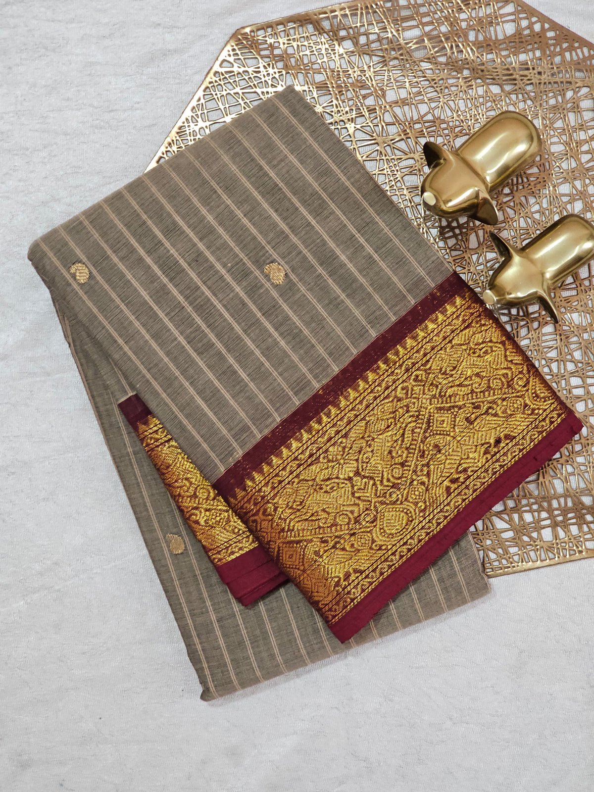 Kanchi Cotton Saree - Beige with Maroon