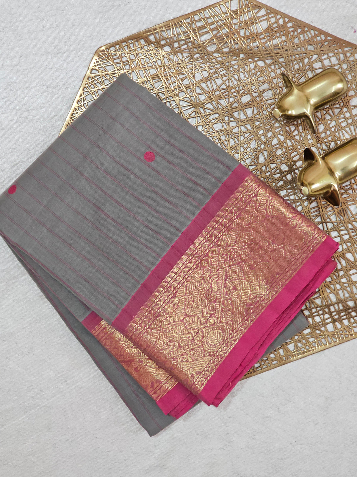 Kanchi Cotton Saree - Grey with Pink