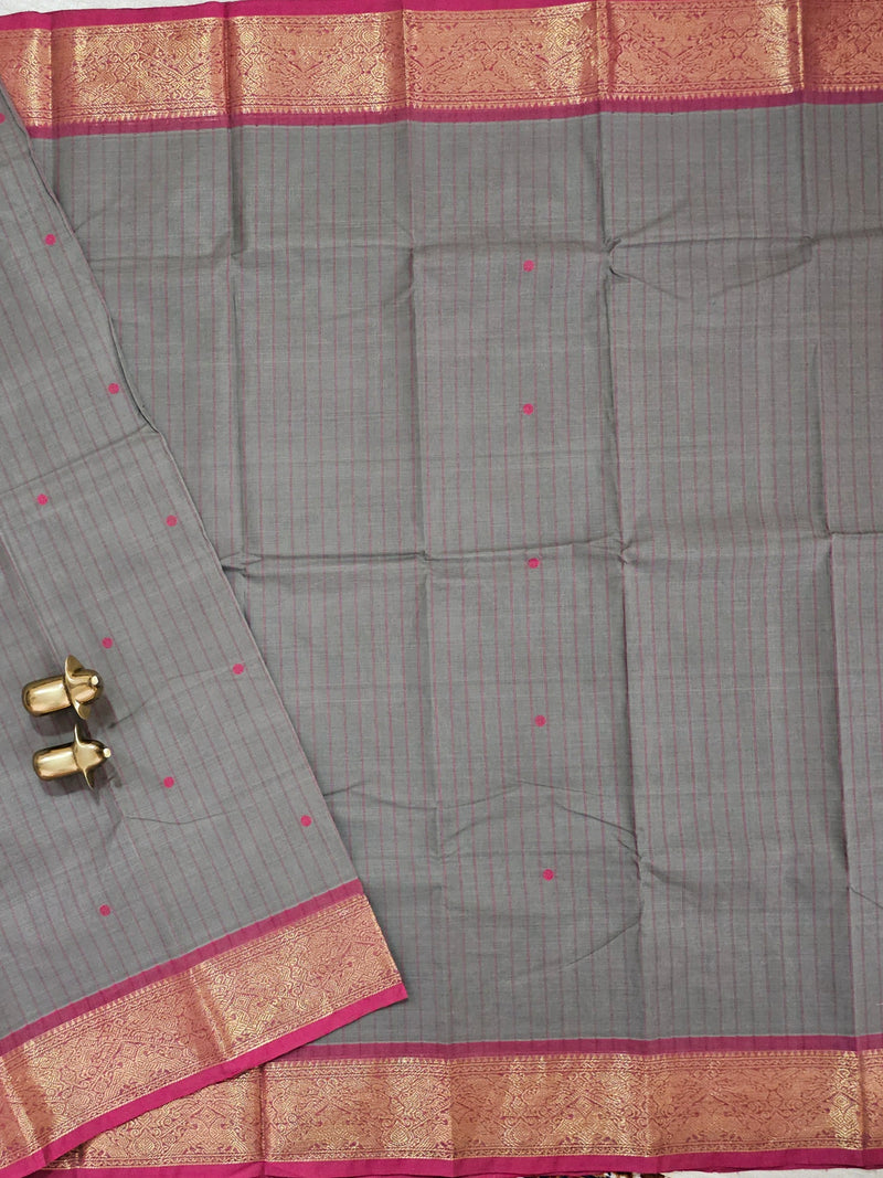 Kanchi Cotton Saree - Grey with Pink