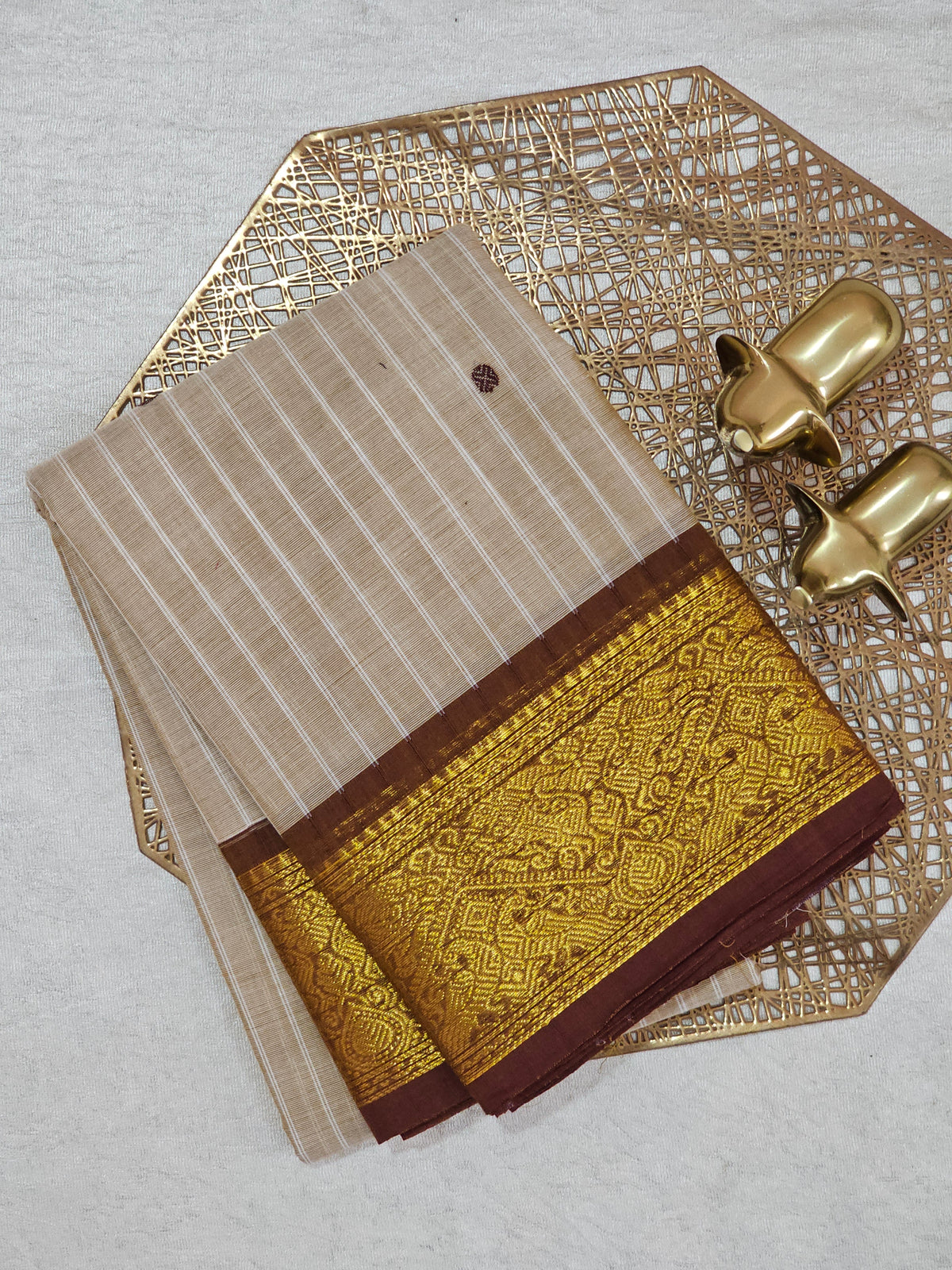 Kanchi Cotton Saree - Biscuit Colour wiyh Brown