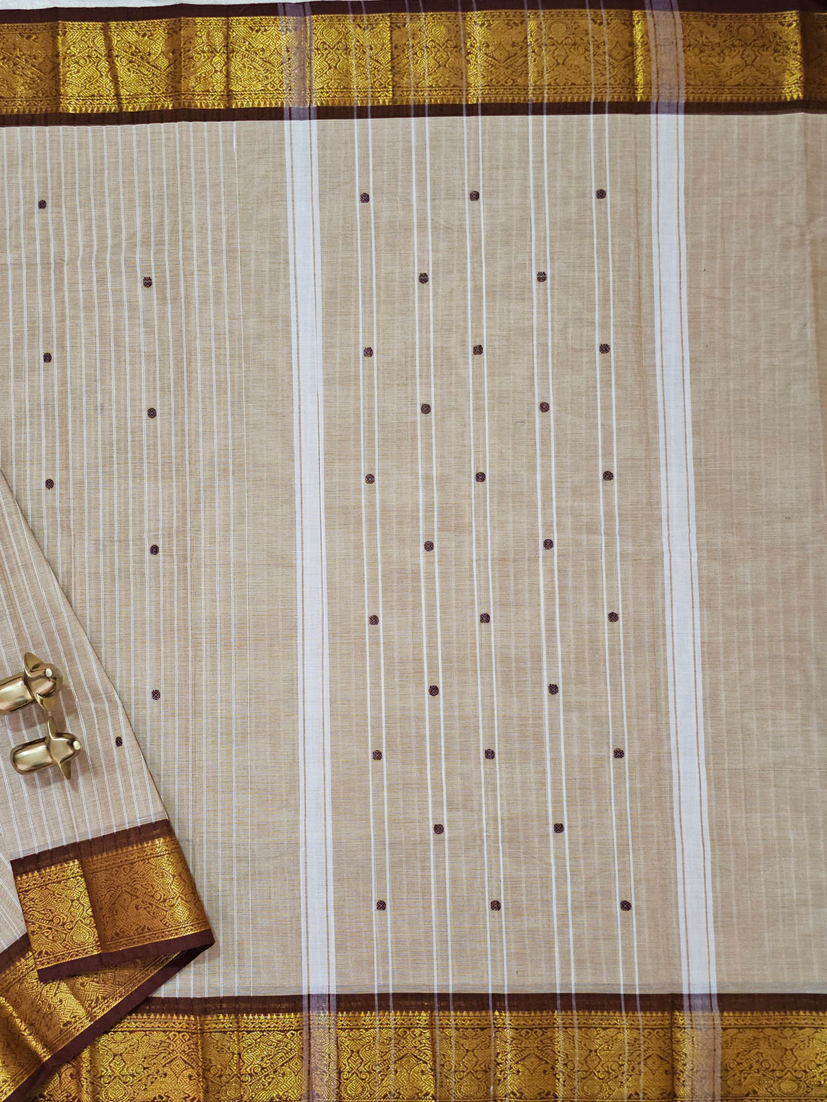 Kanchi Cotton Saree - Biscuit Colour wiyh Brown