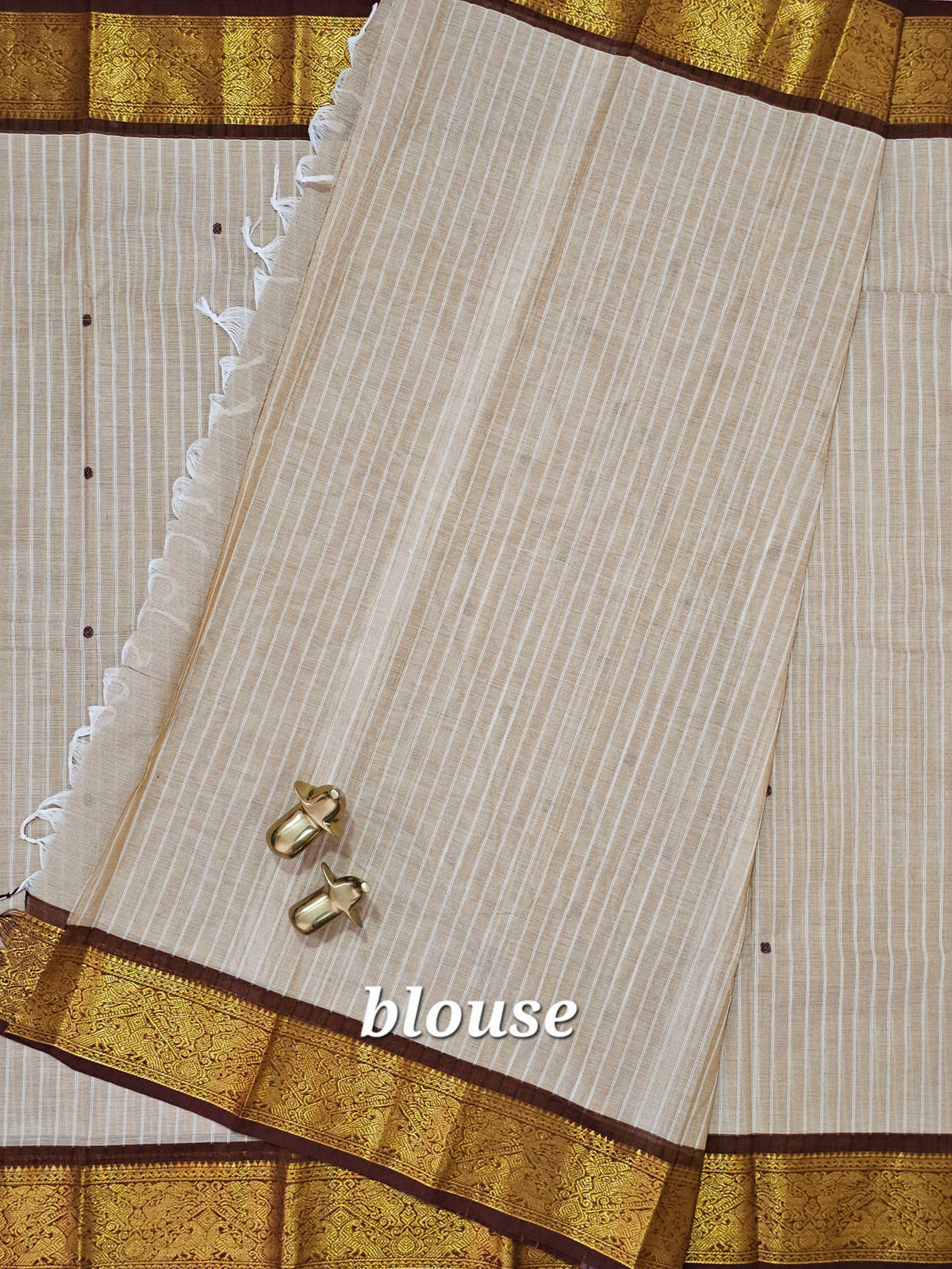 Kanchi Cotton Saree - Biscuit Colour wiyh Brown