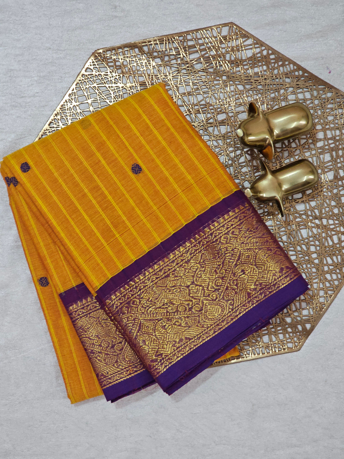 Kanchi Cotton Saree - Mustard Orange with Violet