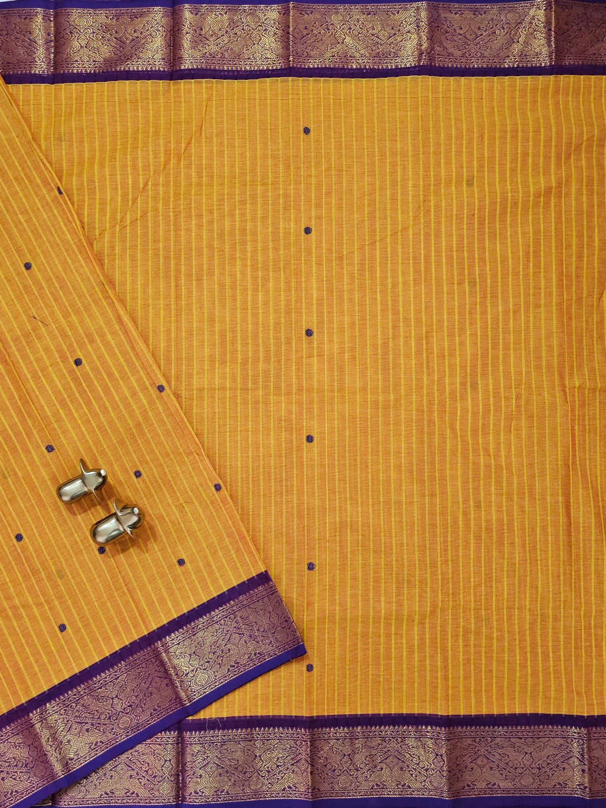 Kanchi Cotton Saree - Mustard Orange with Violet