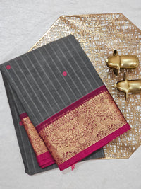 Kanchi Cotton Saree - Dark Grey with Pink