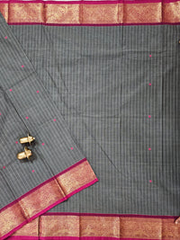 Kanchi Cotton Saree - Dark Grey with Pink