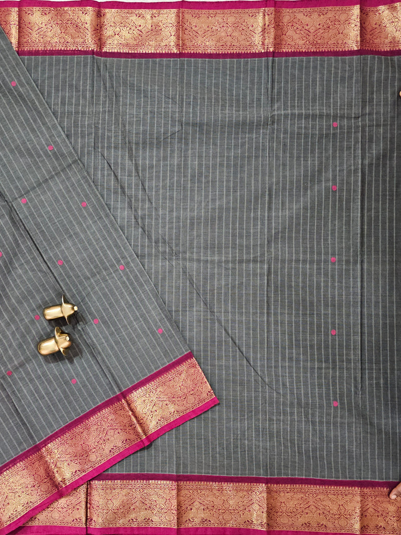 Kanchi Cotton Saree - Dark Grey with Pink