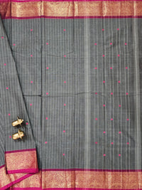 Kanchi Cotton Saree - Dark Grey with Pink