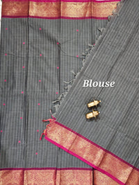 Kanchi Cotton Saree - Dark Grey with Pink