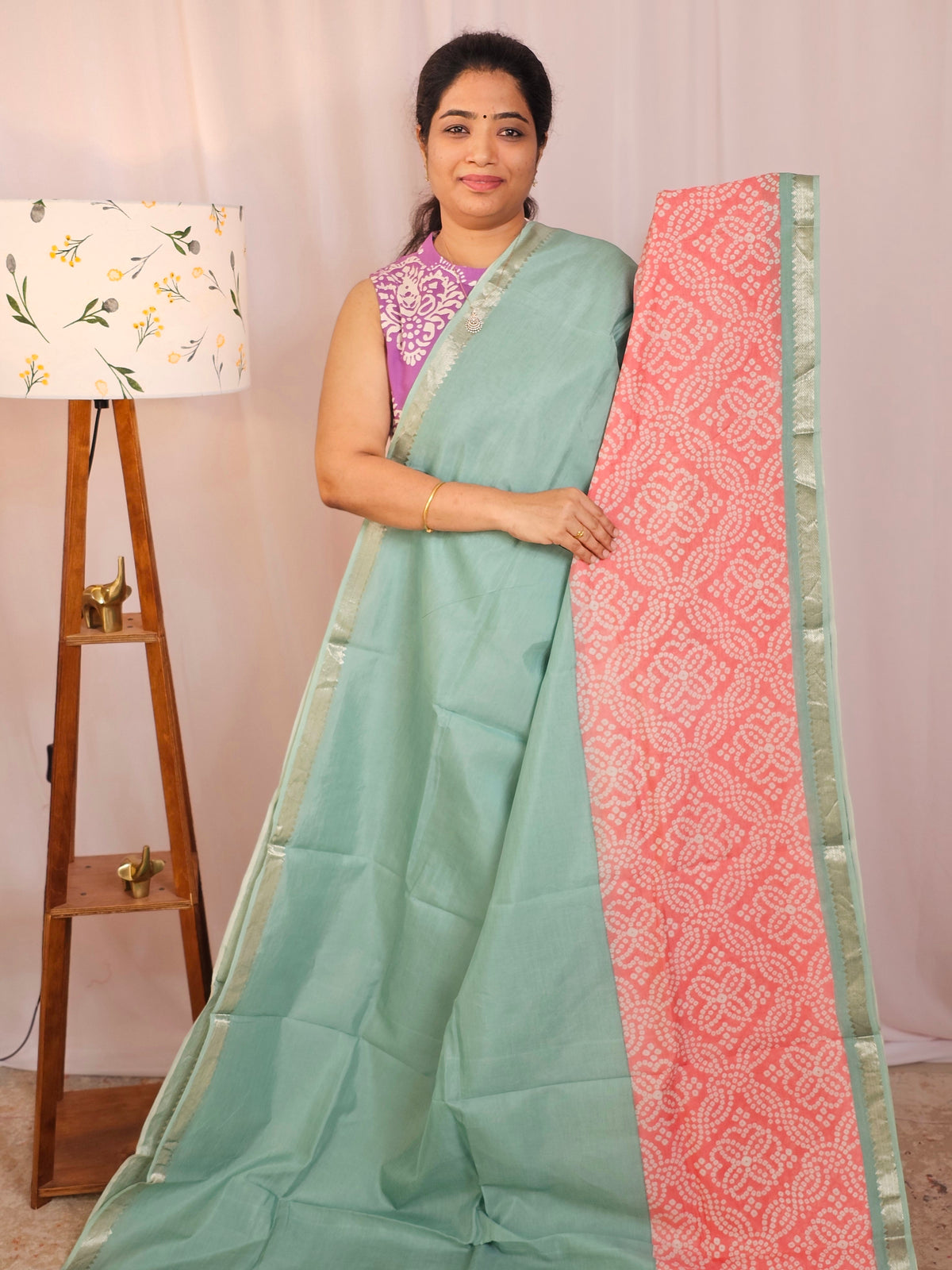 Handwoven Mangalagiri Pattu Saree with Digital Prints  - Sea Green with Peach