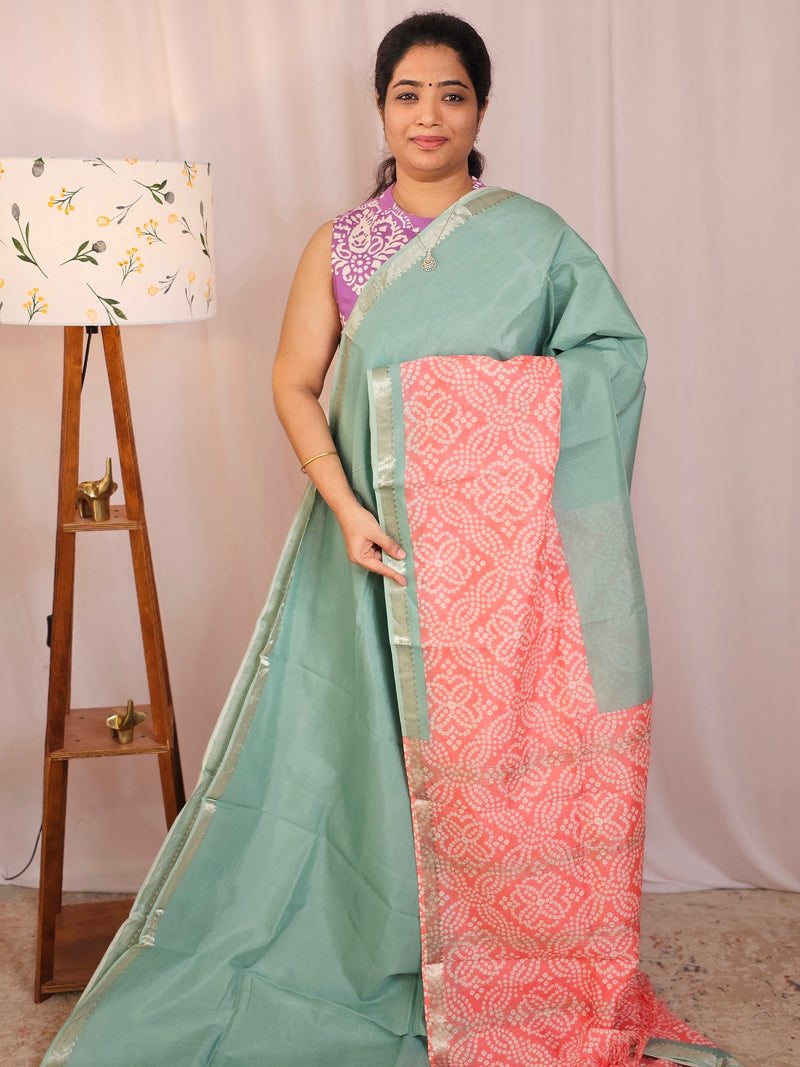 Handwoven Mangalagiri Pattu Saree with Digital Prints  - Sea Green with Peach