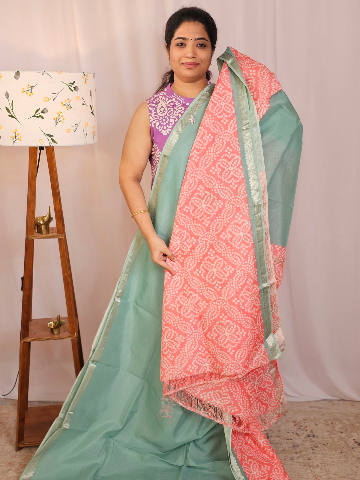 Handwoven Mangalagiri Pattu Saree with Digital Prints  - Sea Green with Peach