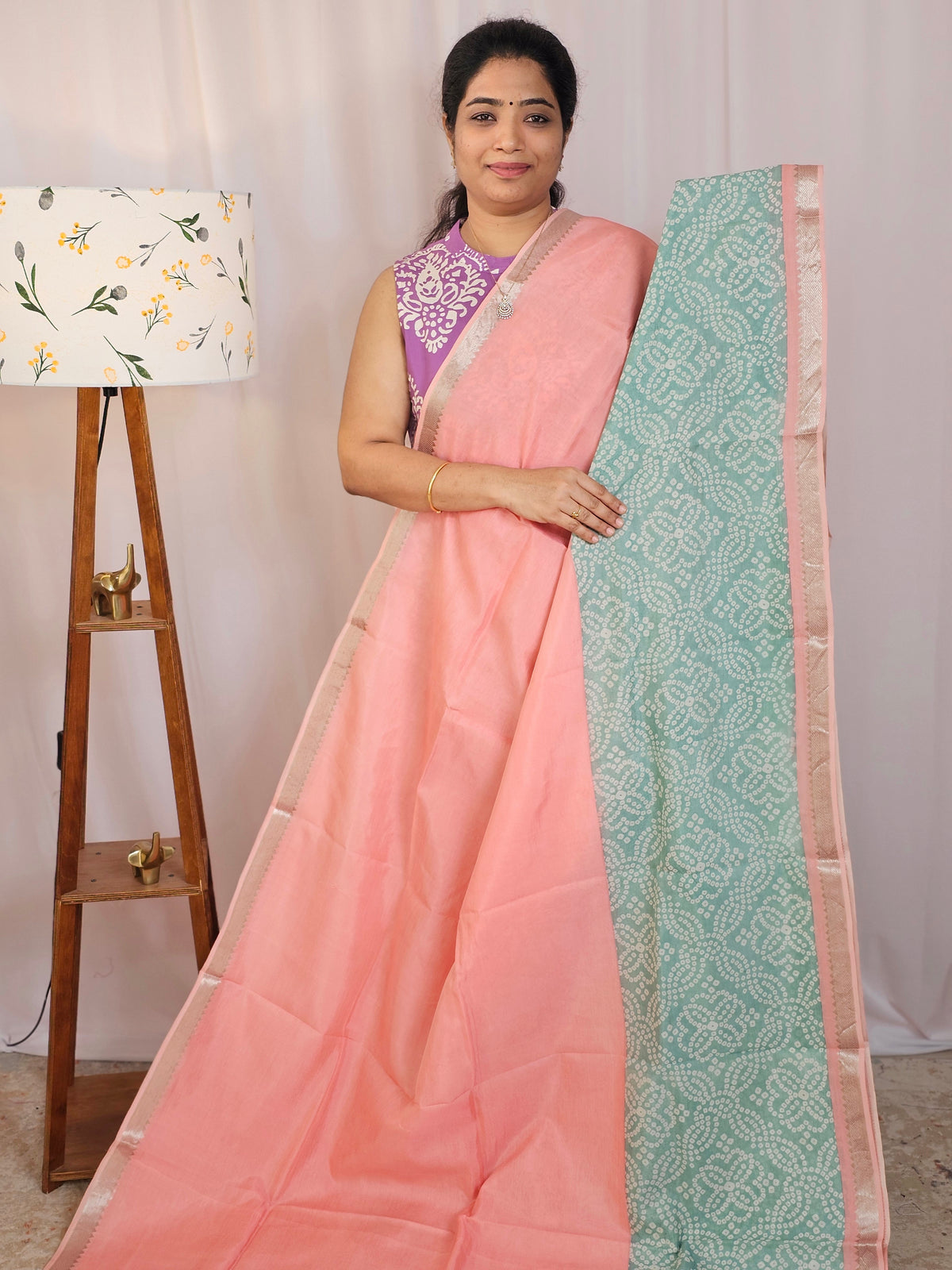 Handwoven Mangalagiri Pattu Saree with Digital Prints  - Peach with Sea Green