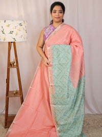 Handwoven Mangalagiri Pattu Saree with Digital Prints  - Peach with Sea Green
