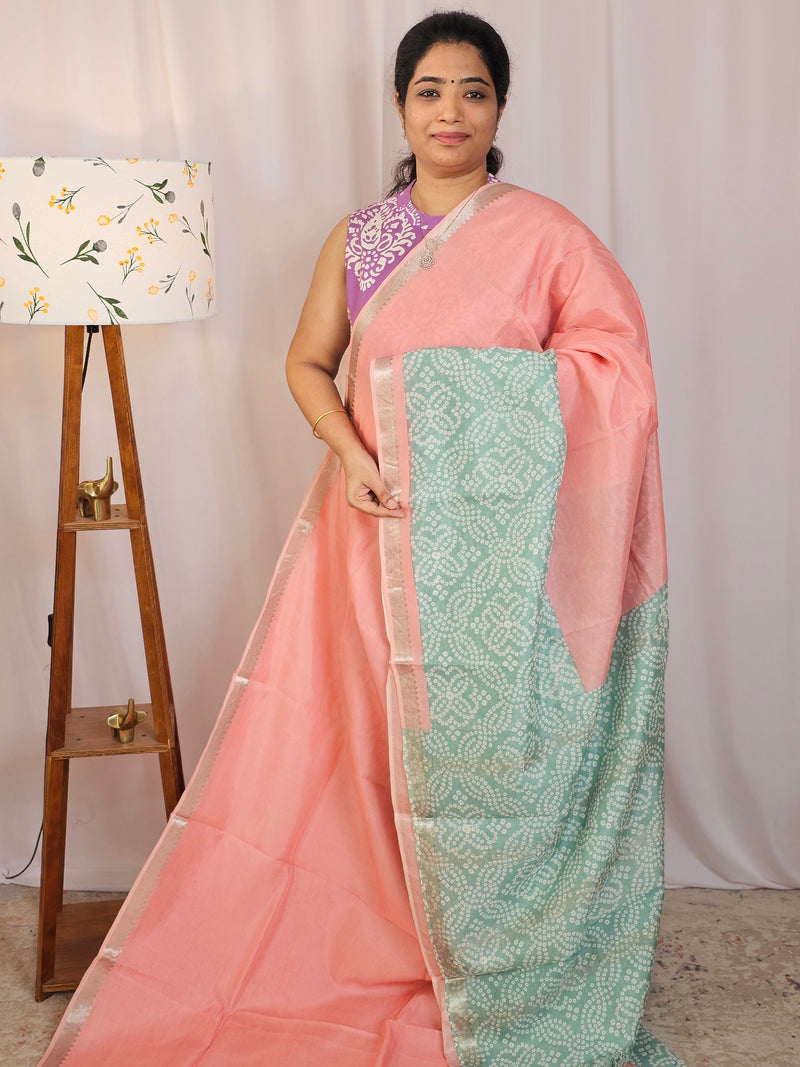 Handwoven Mangalagiri Pattu Saree with Digital Prints  - Peach with Sea Green