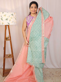 Handwoven Mangalagiri Pattu Saree with Digital Prints  - Peach with Sea Green