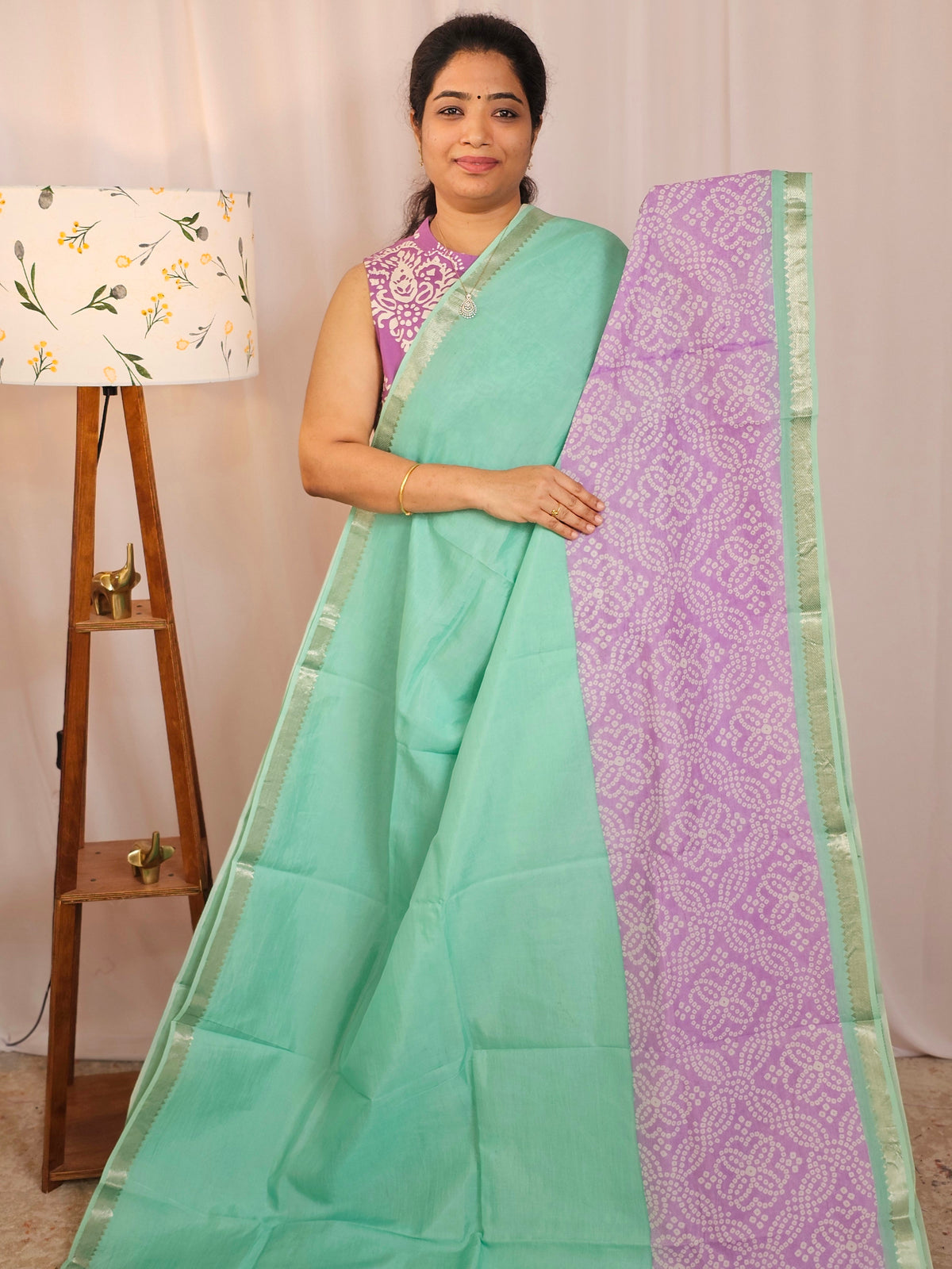 Handwoven Mangalagiri Pattu Saree with Digital Prints  - Sea Green with Purple