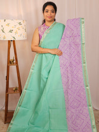 Handwoven Mangalagiri Pattu Saree with Digital Prints  - Sea Green with Purple