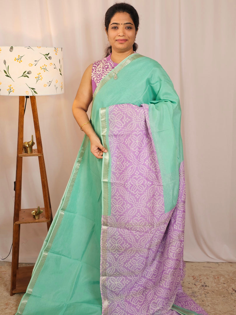 Handwoven Mangalagiri Pattu Saree with Digital Prints  - Sea Green with Purple