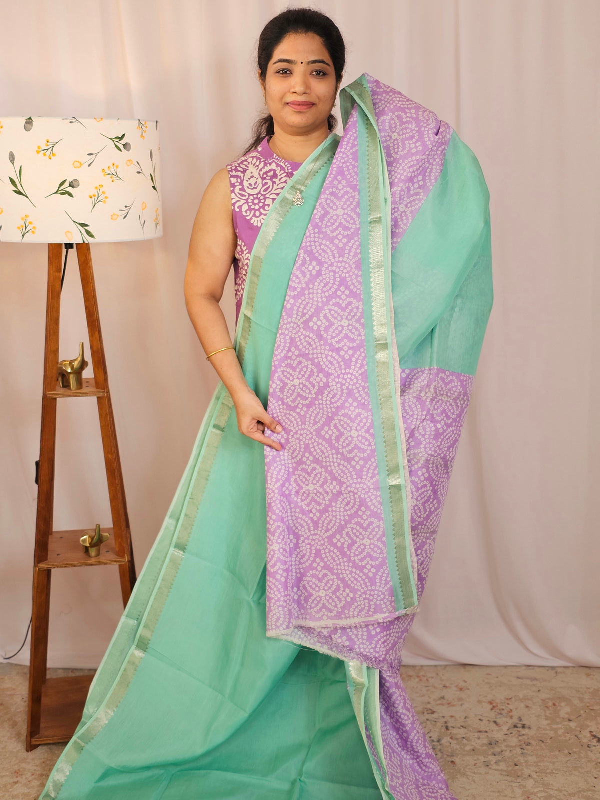 Handwoven Mangalagiri Pattu Saree with Digital Prints  - Sea Green with Purple