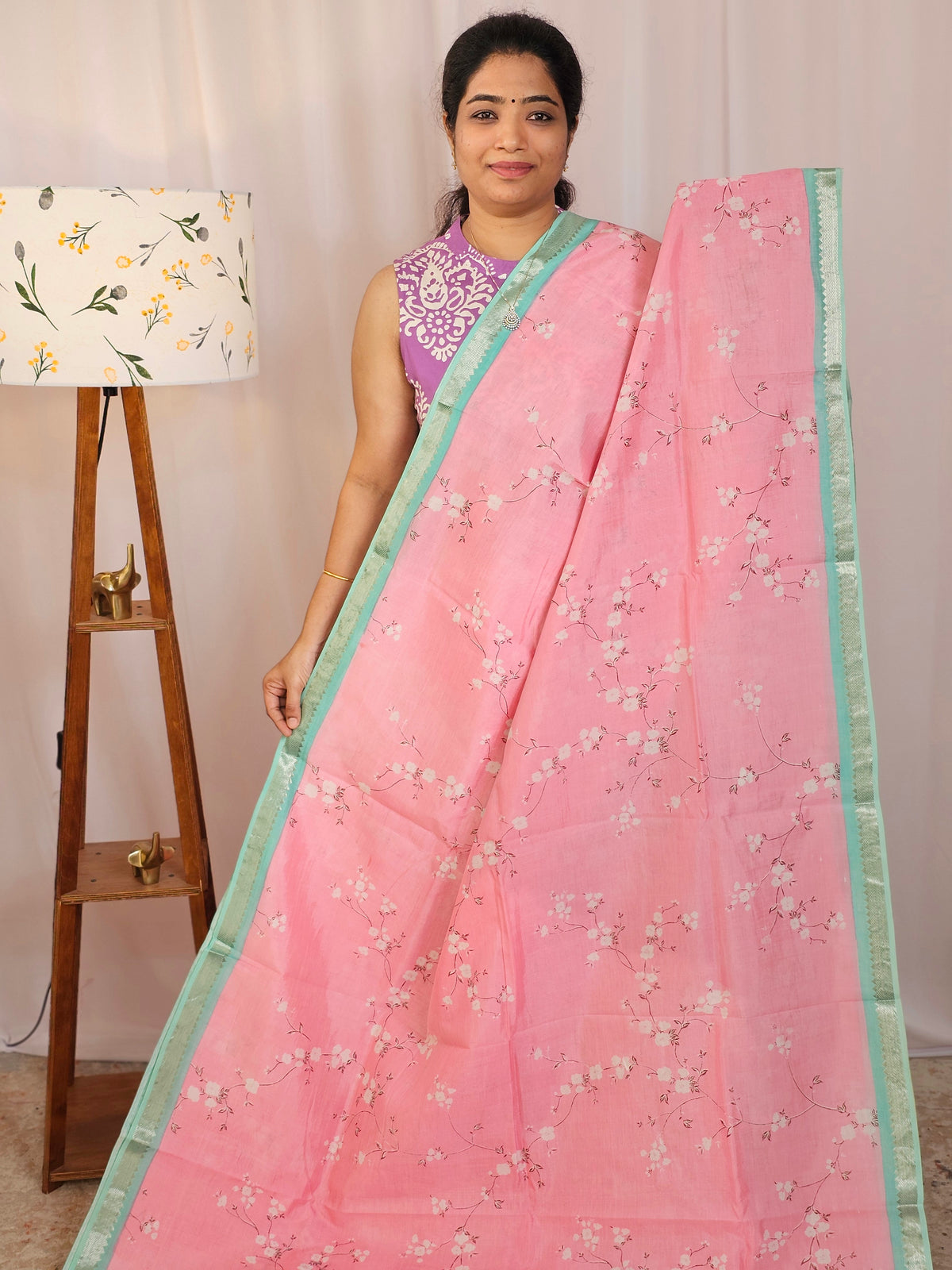 Handwoven Mangalagiri Pattu Saree with Digital Prints  - Peach with Sea Green