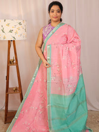 Handwoven Mangalagiri Pattu Saree with Digital Prints  - Peach with Sea Green