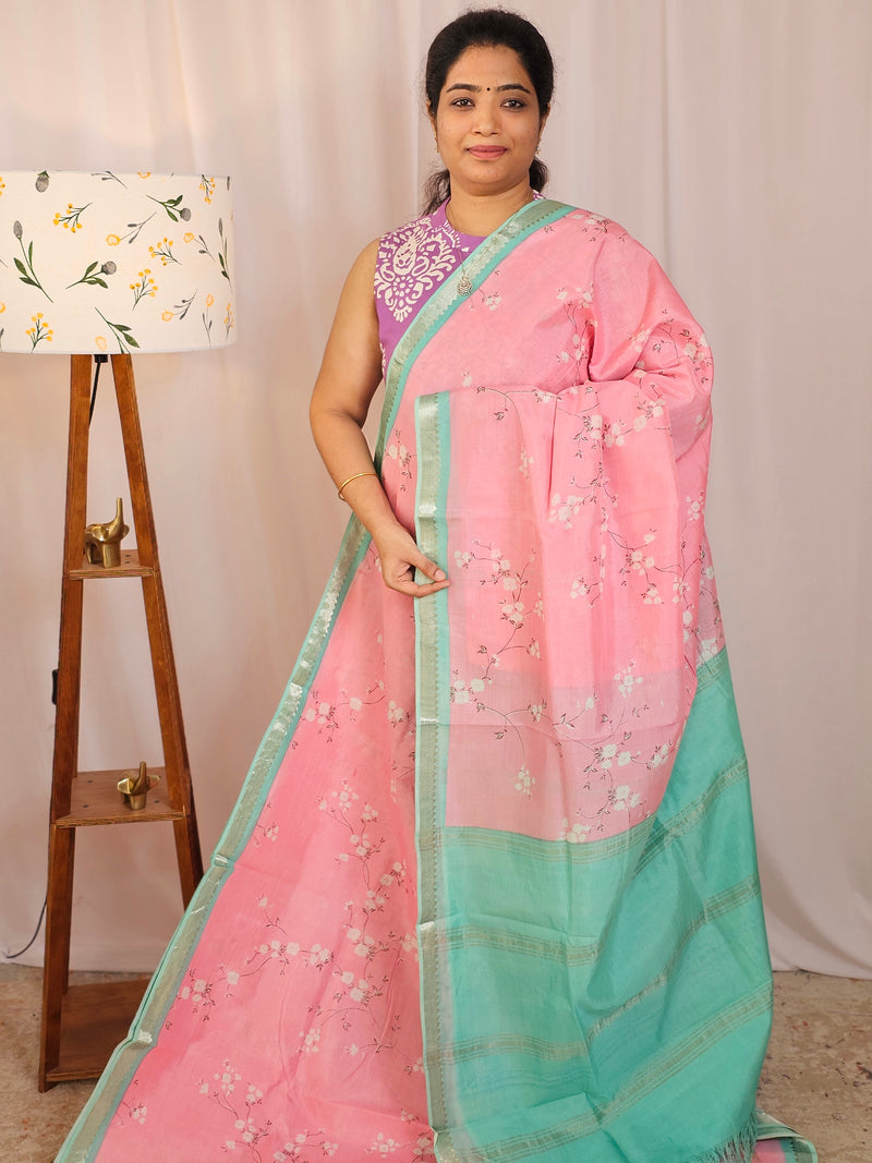 Handwoven Mangalagiri Pattu Saree with Digital Prints  - Peach with Sea Green
