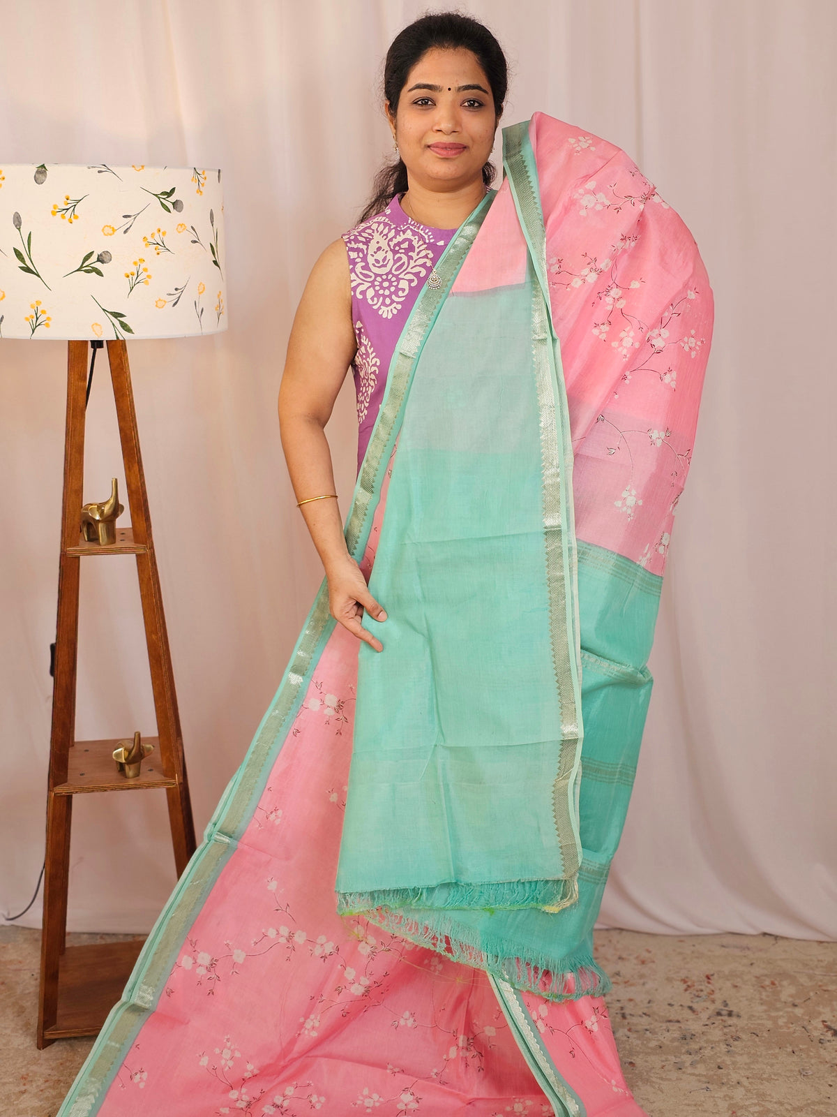 Handwoven Mangalagiri Pattu Saree with Digital Prints  - Peach with Sea Green