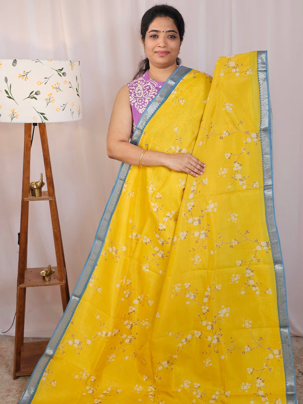 Handwoven Mangalagiri Pattu Saree with Digital Prints  - Yellow with Grey