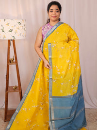 Handwoven Mangalagiri Pattu Saree with Digital Prints  - Yellow with Grey