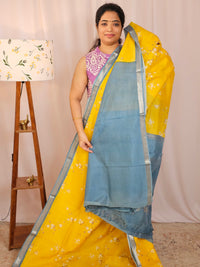 Handwoven Mangalagiri Pattu Saree with Digital Prints  - Yellow with Grey