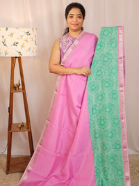 Handwoven Mangalagiri Pattu Saree with Digital Prints  - Pink with Sea Green